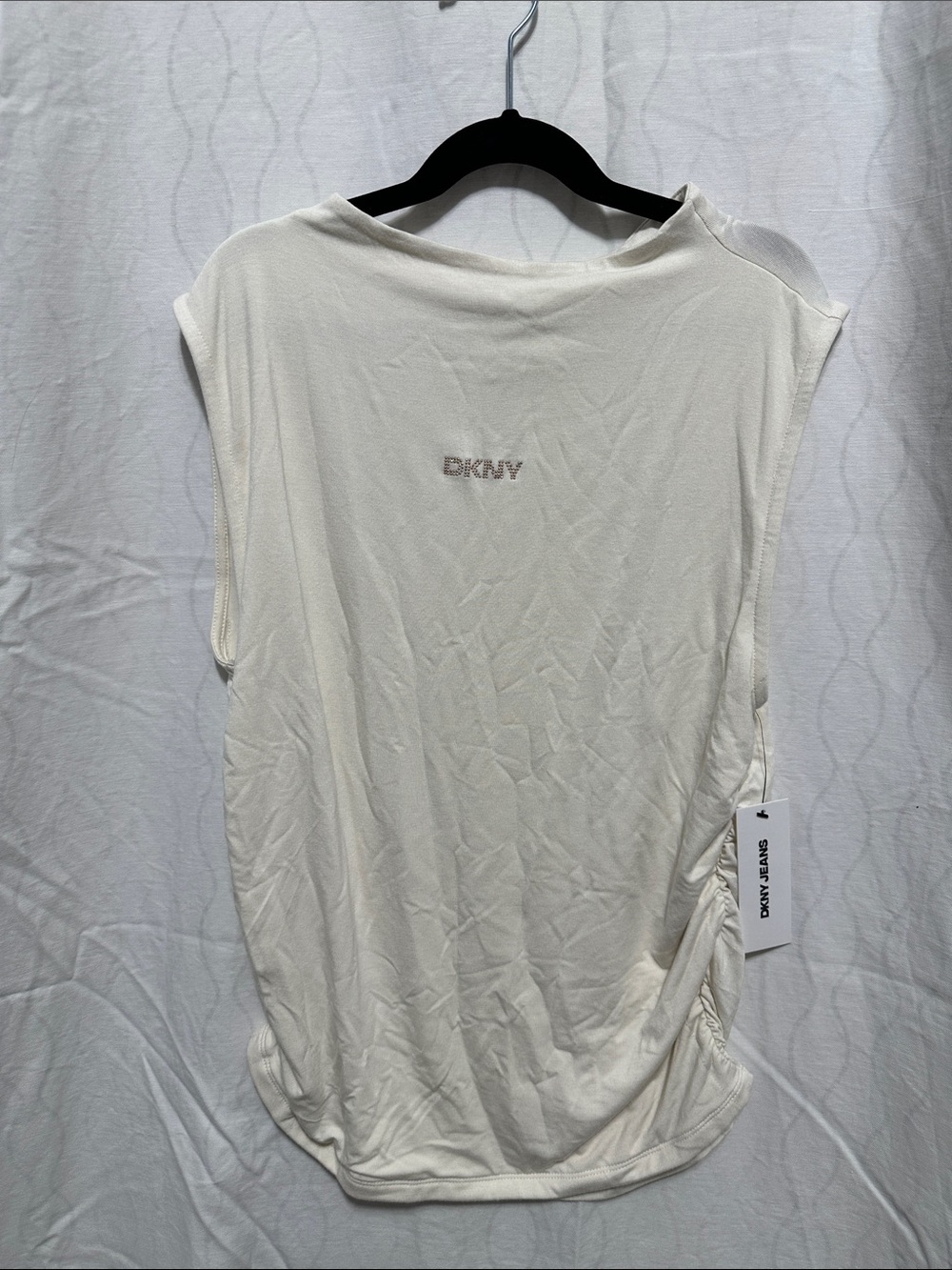 NWT DKNY Jeans Cream Sleeveless Ruched Top with Rhinestone Logo size XL